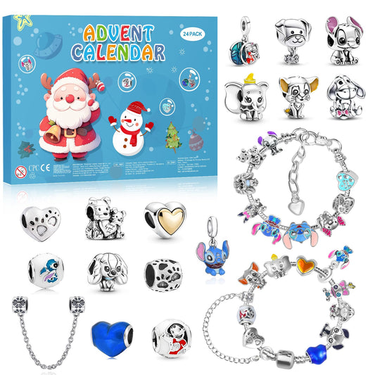 Advent Calendar 2025 Girls, 24 Days Christmas Countdown Calendar with 2 Bracelets and 22Pcs Unique Cartoon Charm Beads, Christmas Gifts for Girl Kids Teens