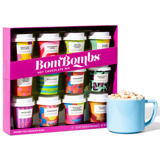 BomBombs, Hot Chocolate Mix Gift Set with Mini Cup Packaging, Dessert Flavors Include Rocky Road, Cookies Butter, Pumpkin Pie & More, Set of 12