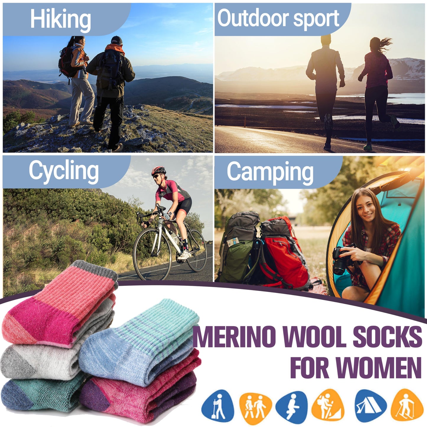 Anlisim Merino Wool Hiking Socks for Women Thermal Winter Warm Thick Work Cushion Gifts Socks 5 Pairs Stocking Stuffers(Tie-dye,M)