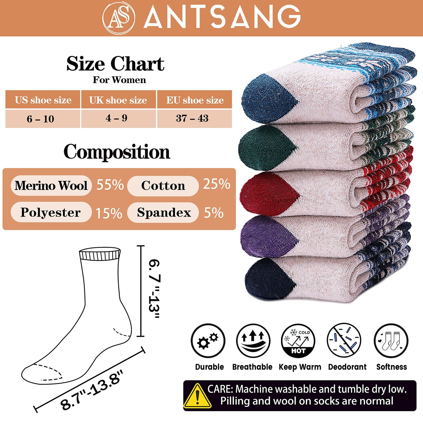 ANTSANG Merino Wool Socks for Women Hiking Warm Thick Thermal Winter Boot Comfy Crew Cozy Cabin Heavy Work Snow Soft Ladies Socks 5 Pairs Christmas Stocking Stuffer White Elephant Gifts (Snowflake A)