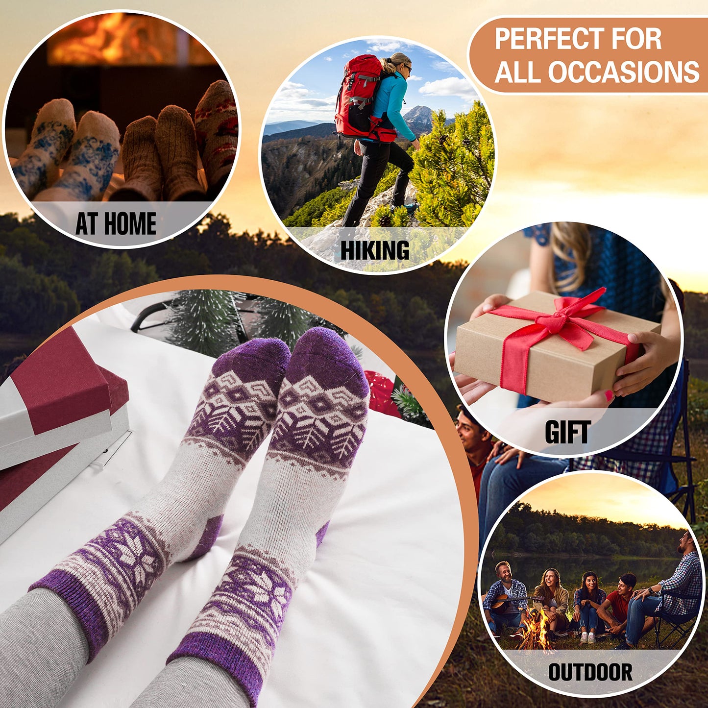 ANTSANG Merino Wool Socks for Women Hiking Warm Thick Thermal Winter Boot Comfy Crew Cozy Cabin Heavy Work Snow Soft Ladies Socks 5 Pairs Christmas Stocking Stuffer White Elephant Gifts (Snowflake A)