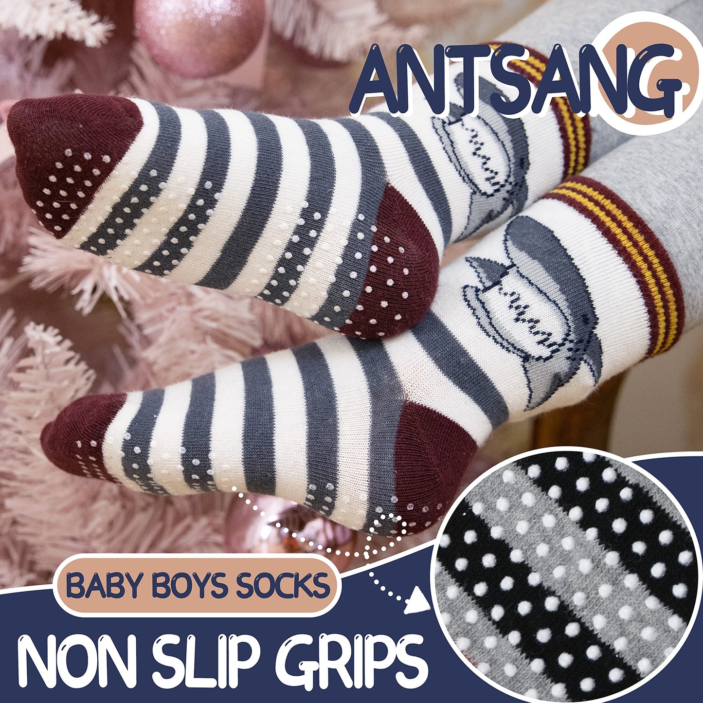 ANTSANG Baby Boys Grips Socks Kids Toddlers Infants Gifts Non Slip/Anti Skid Crew Cotton Socks 12 Pairs Gifts for Boys Kids Stocking Stuffers (Brown Striped(12 Pairs),3-5 Y)
